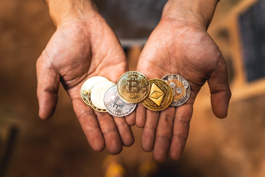 Person holding various cryptocurrency coins including Bitcoin, Litecoin, and Ethereum in the palm of their hand, with a blurred background.