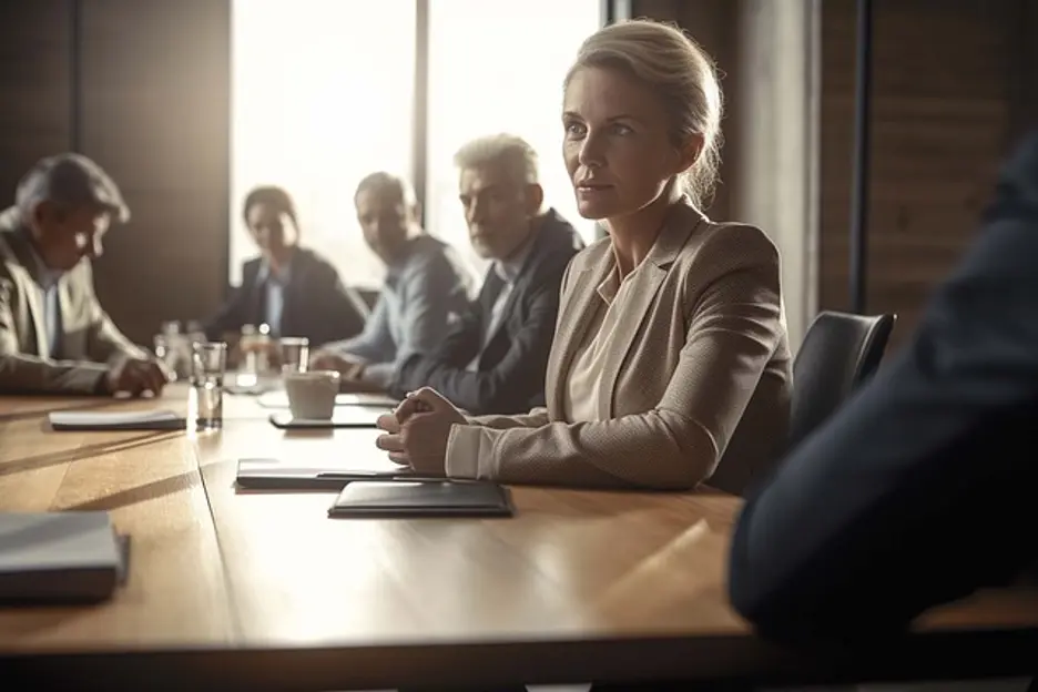 Focused businesswoman at a boardroom meeting with colleagues in discussion, emphasizing leadership and teamwork in a corporate setting.