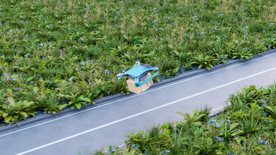 Autonomous delivery drone carrying a package over a walkway surrounded by greenery with blue flowers, showcasing modern delivery technology.