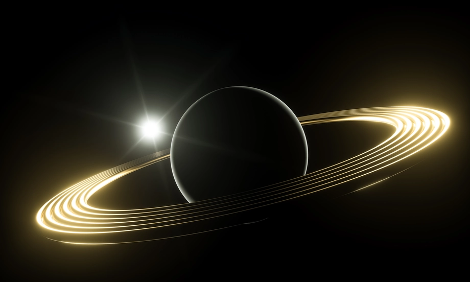 Alt text: "Digital art of a planet with illuminated rings against a dark space background with a distant sun, evoking the grandeur of the solar system.