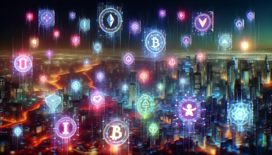 Illuminated cryptocurrency symbols floating above a futuristic city skyline at dusk, highlighting Bitcoin and Ethereum among others