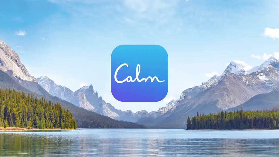 alm app logo overlaying a serene lake and mountain landscape