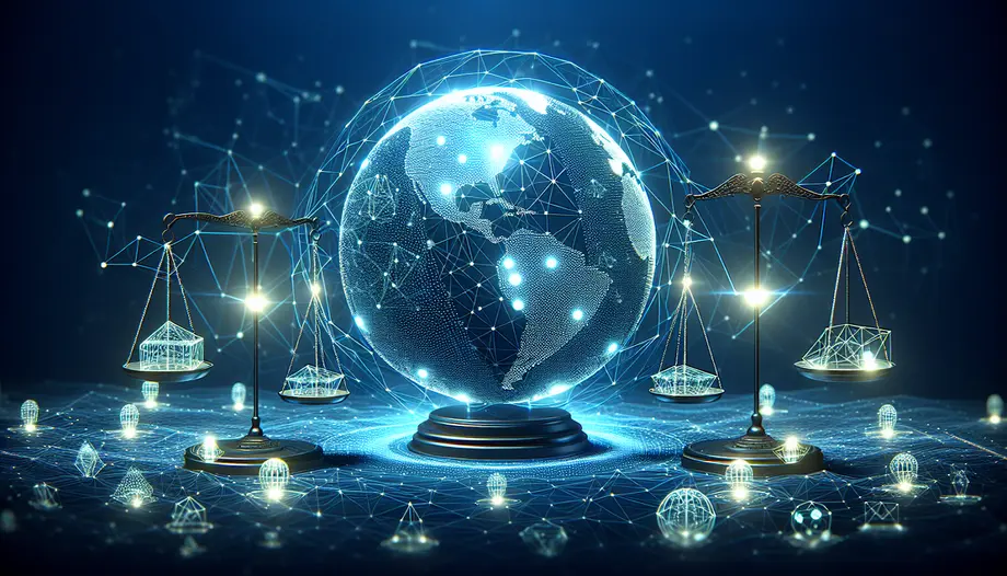 Digital illustration of a glowing globe with scales of justice, symbolizing global legal services and international law in a networked world