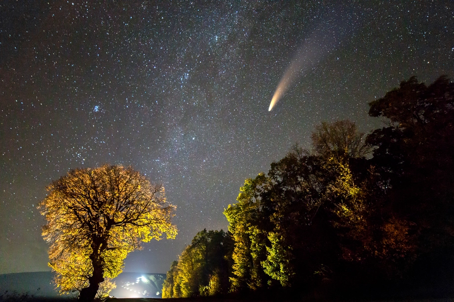 A comet streaking across a star-filled night sky over silhouetted trees with subtle illumination.
