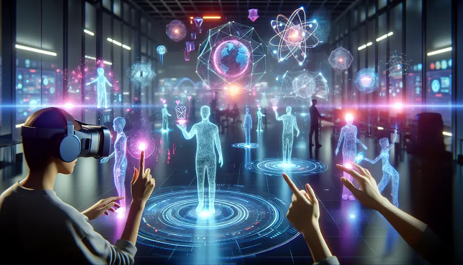 Person using virtual reality headset interacting with 3D holographic interfaces and digital human figures in a futuristic technology setting