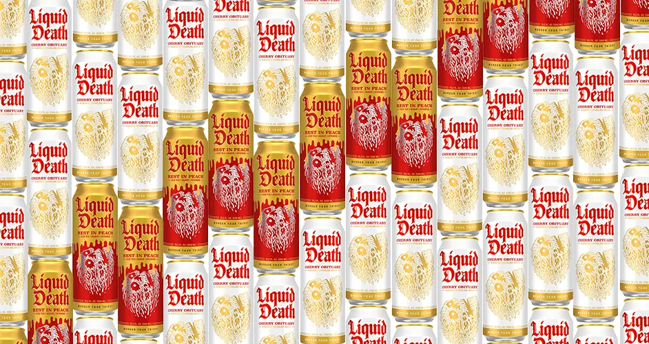 Rows of red and gold Liquid Death canned drinks with ornate skull designs, on a seamless background